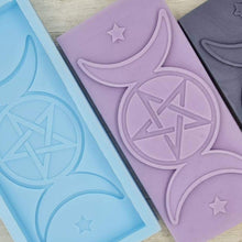 Load image into Gallery viewer, Triple Moon Pentacle Pagan Wiccan Goddess Wax Melt Snap Bar Mould
